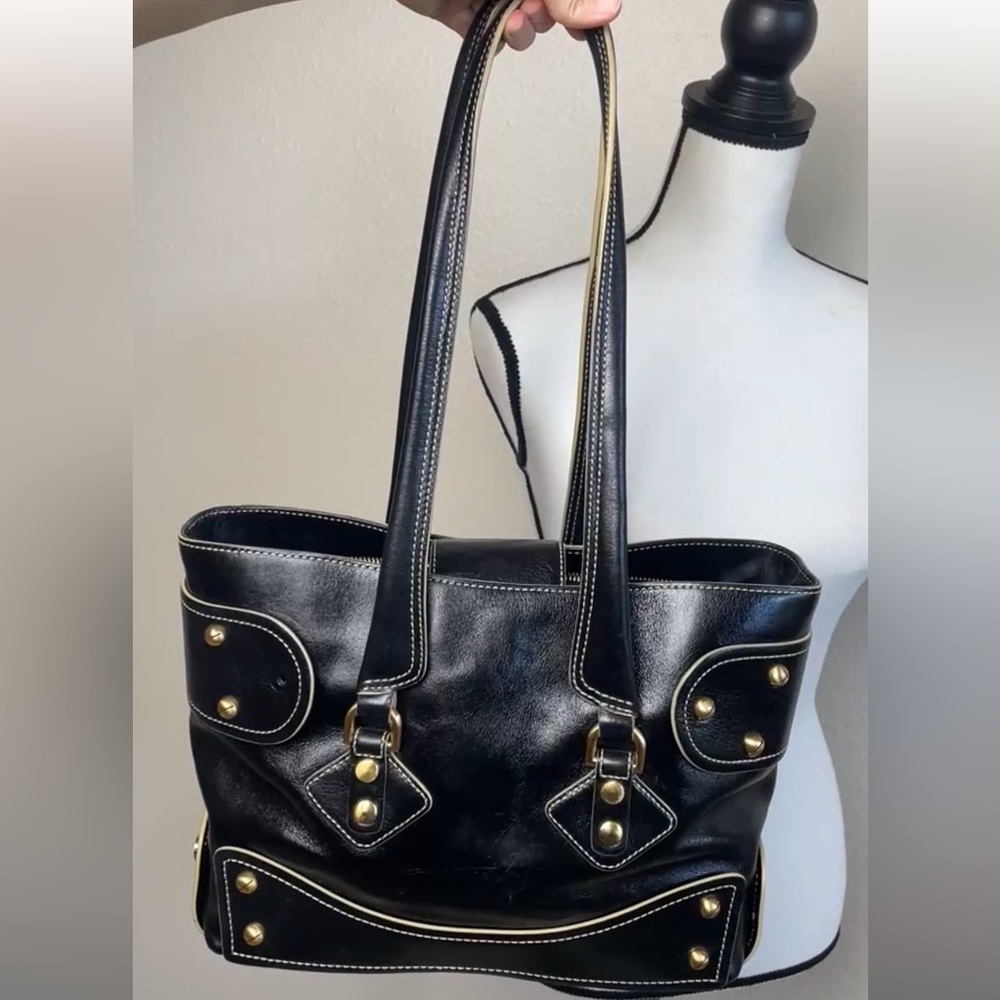 Maxx New York Black leather  Tote Shoulder Bag with Gold Accents